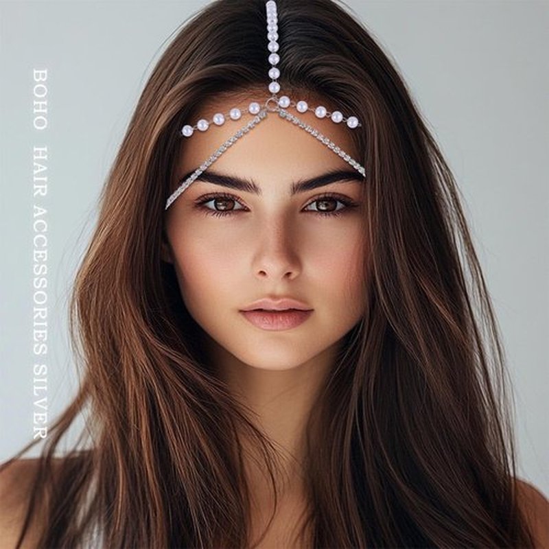 Fdesigner Boho Pearl Head Chain Jewelry Crystal Headpieces Wedding Rhinestone Headband Hair Accessories for Women (Silver)