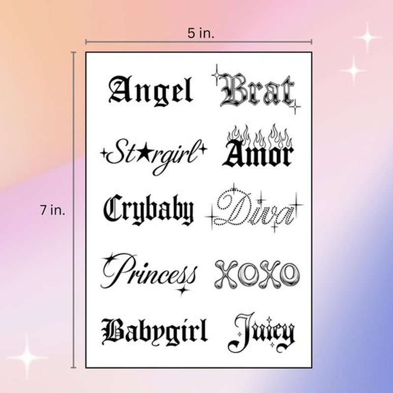 Pixel Hearts Sassy Script Temporary Tattoos | Y2K Gothic Words and Angel Numbers | Realistic Waterproof Fake Tats | Angel, Brat, Princess, Babygirl, Diva