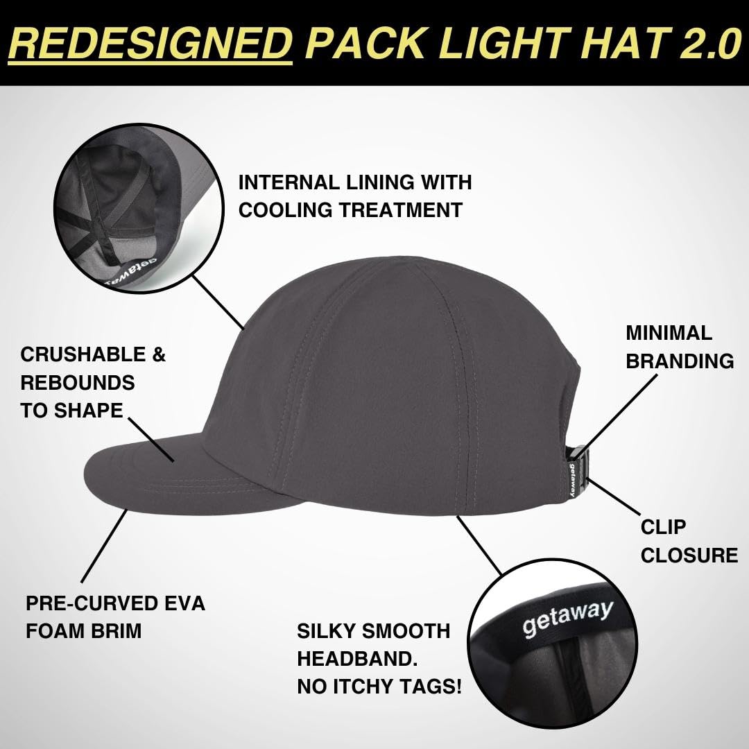 getaway Pack Light Hat 2.0 Packable/Foldable Brim, Stretch, Lightweight, Travel Essentials, Boating, Running, Golf, Workout
