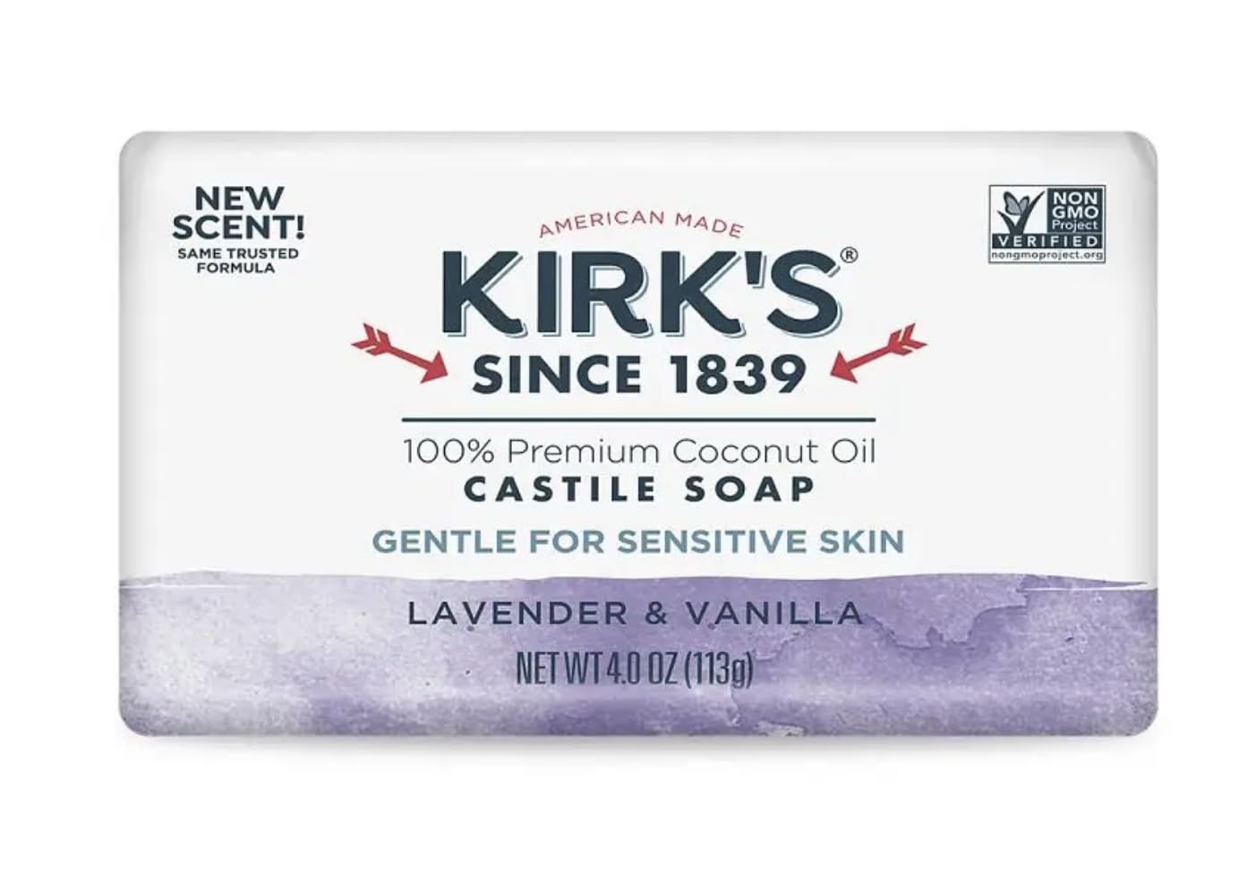 Kirk's 100% Premium Coconut Oil Castile Bar Soap, Lavender & Vanilla, 4 oz (113 g)