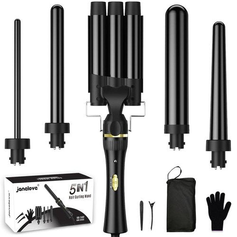 5 in 1 Wand Curling Iron, janelove Hair Curling Wand Set with 3 Barrel Hair Crimper and 4 Interchangeable Ceramic Curling Irons (0.39 "-1.25"), 2 Temps Fast Heat Hair Waver Curler for All Hair Type