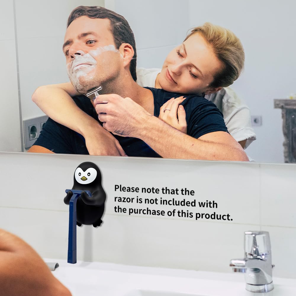 Pishovi Penguin Holder Shaver Organizer, Cute Penguin Animal Bathroom Decor Razor Holder Wall Mount, Birthday Gifts for Men Women Boyfriend Girlfriend, Emotiona Gifts for Wife Husband Penguin Lover