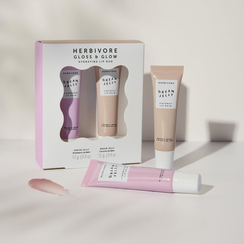 HERBIVORE Gloss & Glow Hydrating Lip Duo | For All Ages, Includes Dream Jelly Strawberry and Coconut Lip Balms - Plant-based, Vegan, Cruelty-Free