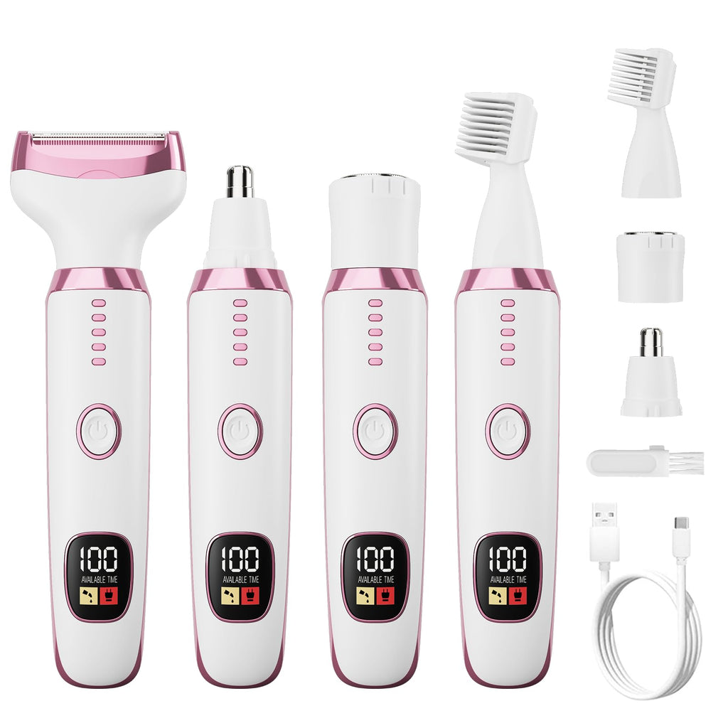 Electric Razor for Women 4-in-1 Bikini Trimmer & Body Shaver for Face, Legs, Underarms, Pubic Hair – Rechargeable Wet/Dry Painless Hair Removal with LED Display (White)