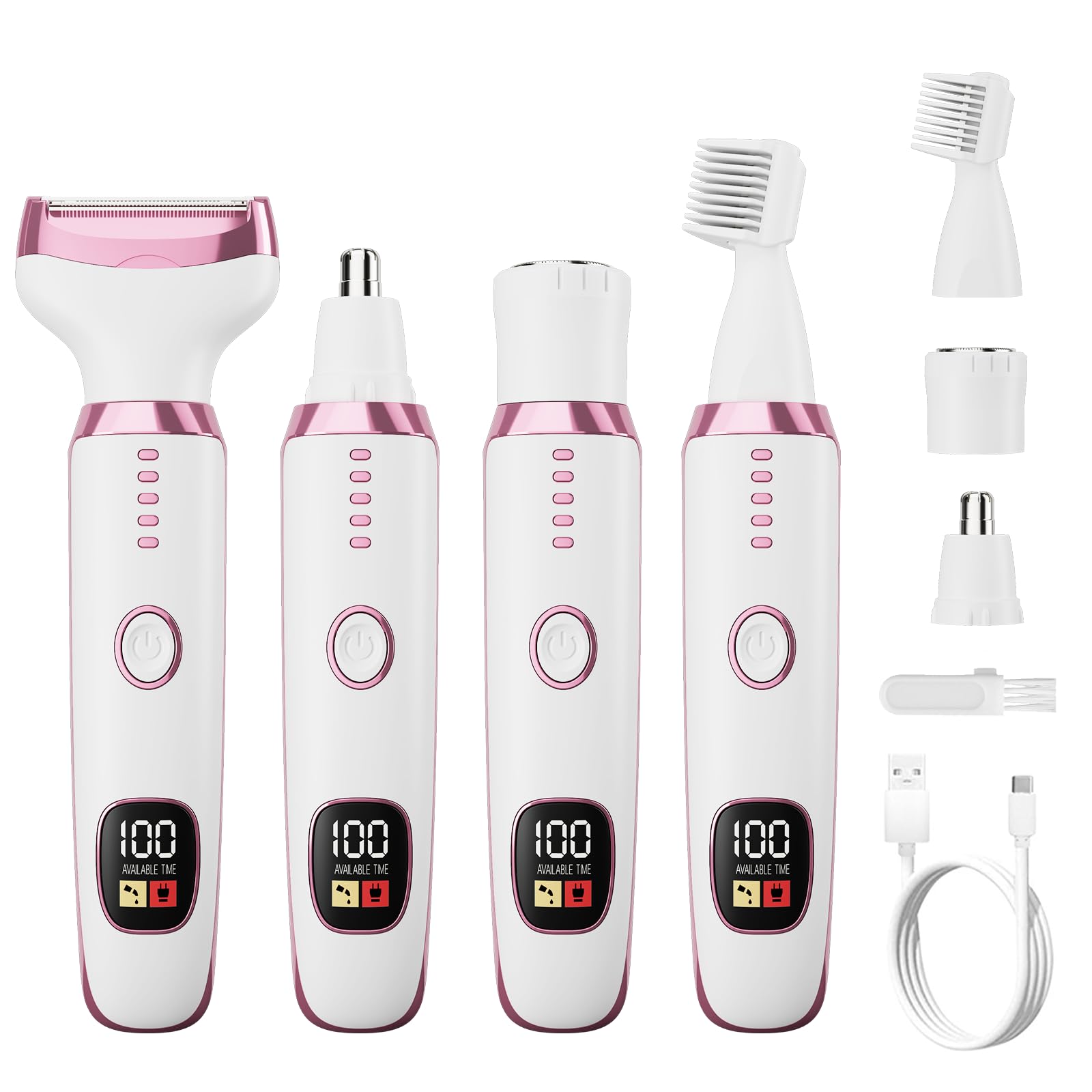Electric Razor for Women 4-in-1 Bikini Trimmer & Body Shaver for Face, Legs, Underarms, Pubic Hair – Rechargeable Wet/Dry Painless Hair Removal with LED Display (White)
