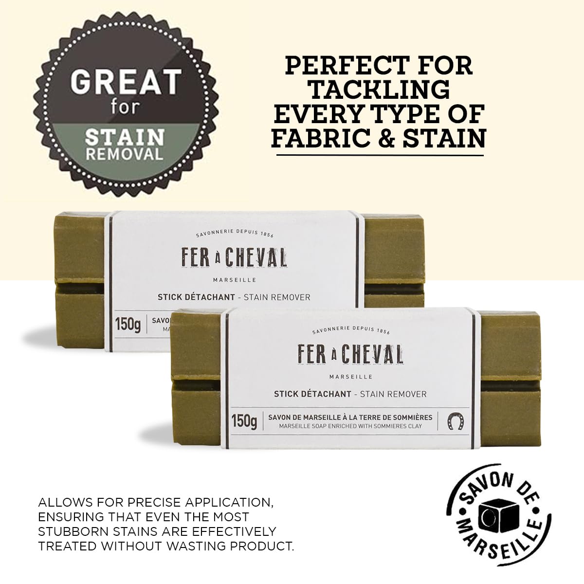 Fer à Cheval Marseille Soap Stain Remover Stick 2 Pack - Natural, Hypoallergenic, Travel-Sized Laundry Solution, 150g/5.29oz (Stick with Sommières Clay)