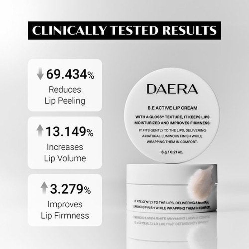 Daera B.E Active Lip Cream 6g, Hydrating, Moisturizing and Plumping Korean Overnight Sleeping Mask for Dry Lips, Glossy Finish, Natural Ingredients, Non-Irritating, Gentle for Sensitive Skin