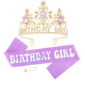 AHONEY Birthday Girl Crown and Sash for Girls Women Pastel Rainbow Party Headband Princess Tiara Purple Birthday Decorations Accessories