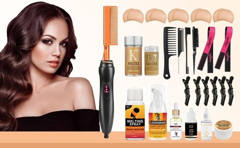 Hot Comb Set 21Pcs, Electric Hair Straightener Pressing Comb for Black Hair with Wig Wax Stick, Lace Band, Rat Tail Comb & Salon Clips