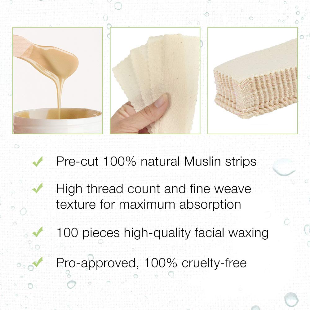 Clean + Easy Muslin Wax Strips – Pre-Cut Facial Waxing Strips for Face Upper Lip Eyebrows Chin & Small Areas, 100 Count
