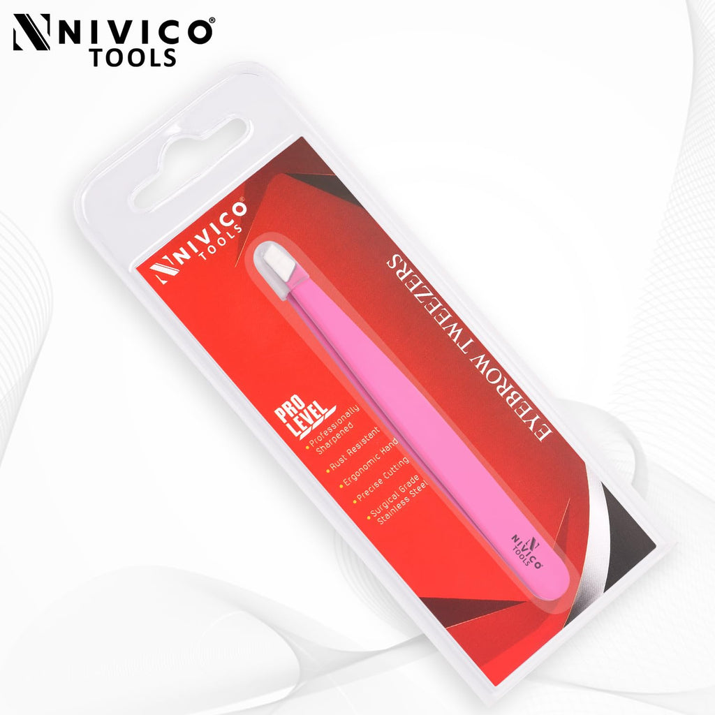 NIVICO Professional Slant Eyebrow Tweezers – Precision Stainless Steel Tweezers for Ingrown & Facial Hair Removal, Salon Quality Brow Shaping for Men & Women (Pink)