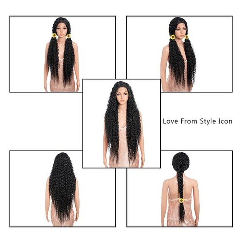 Style Icon 36”Super Long Curly Wig C-Shaped Side Part Lace Wig Afro Baby Hair Synthetic Black Wigs(36 inches, 1B)