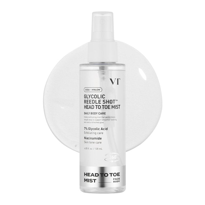 VT COSMETICS 7% Glycolic Acid Reedle Shot Head-to-Toe Mist with Niacinamide, Exfoliating Spray for Bumpy & Strawberry Skin, Dark Spots, Skin Texture, Keratosis Pilaris, Korean Skincare (4.05 fl oz)
