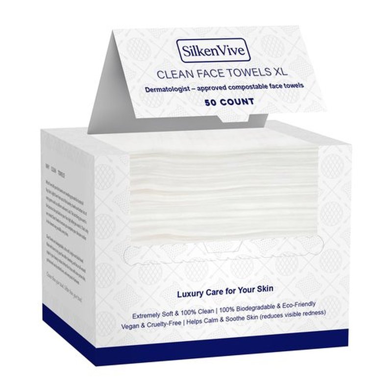 SilkenVive Disposable Face Towel XL (50 Count, 25x30cm) – Ultra Soft Lint-Free Facial Towels for Women Cleansing, Makeup Remover Dry Wipes, Travel Essentials, Bathroom & Guest Room Beauty Products