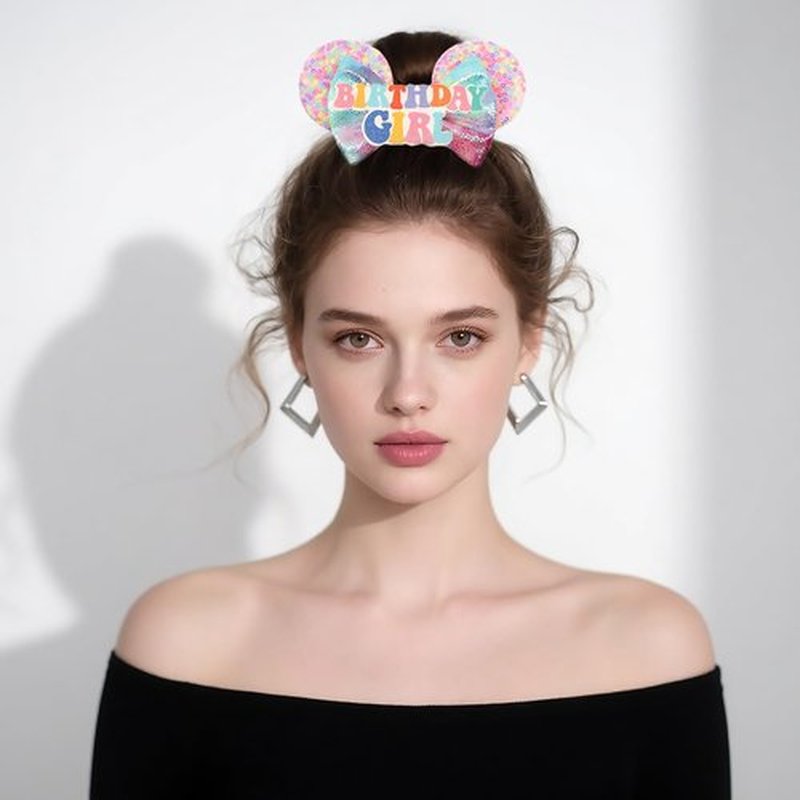 Mouse ear scrunchies with glitter sequin ears for women girls, princess hair accessories for women, mini mouse ears bows hair bows for women girls (birthday pink)