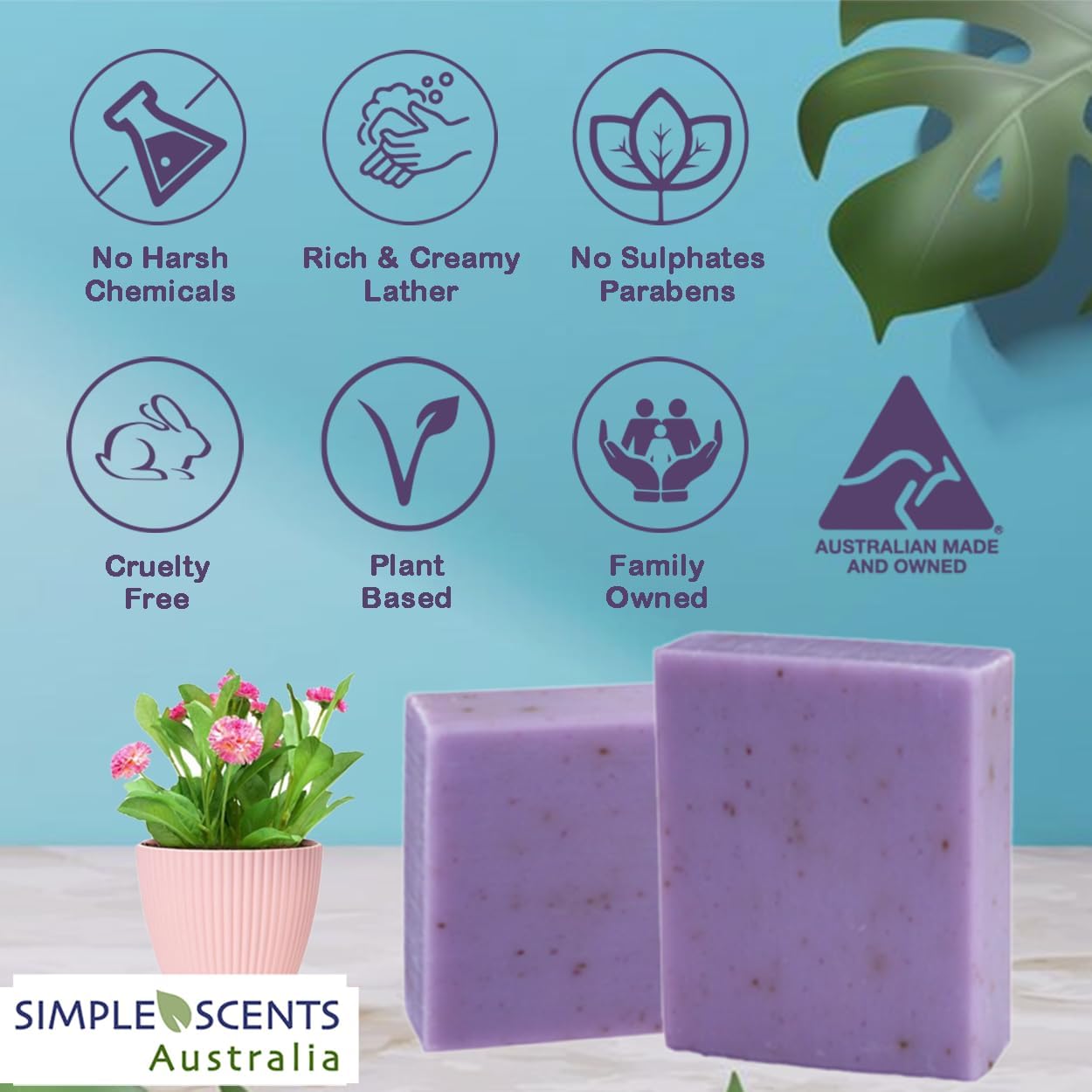Simple Scents Australia Lavender with Flowers Scented Natural Soap Bars (5 Bars), 3.5oz Moisturizing French Triple Milled Soap Bars Enriched with Shea Butter - Pure Plant Oil Bath & Body