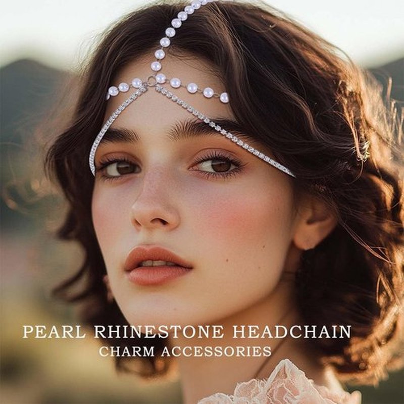 Fdesigner Boho Pearl Head Chain Jewelry Crystal Headpieces Wedding Rhinestone Headband Hair Accessories for Women (Silver)
