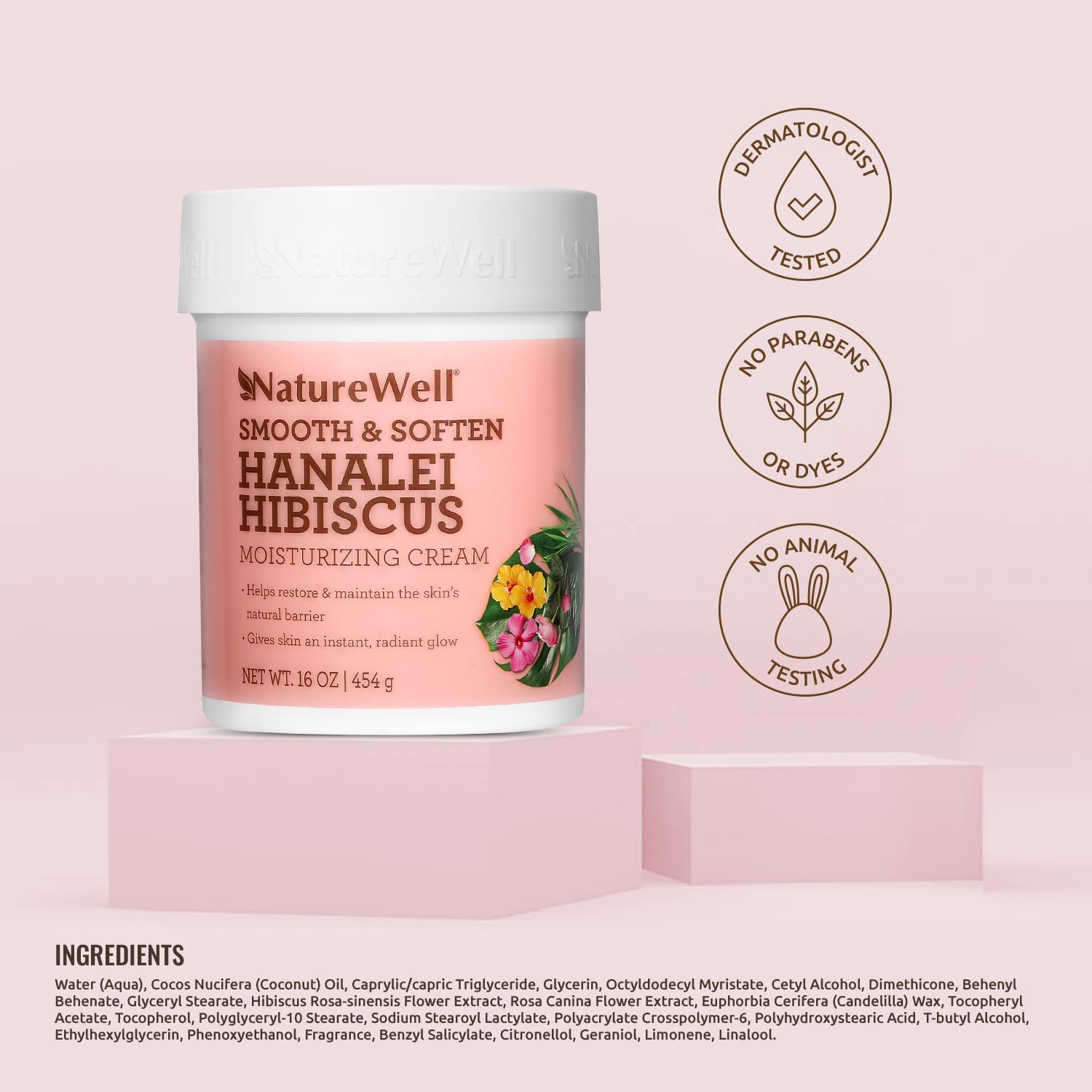 NATURE WELL Hanalei Hibiscus Smooth & Soften Moisturizing Cream For Face & Body, Infused With Natural Oils & Extracts, Restores Skin Moisture Barrier, 16 Oz.