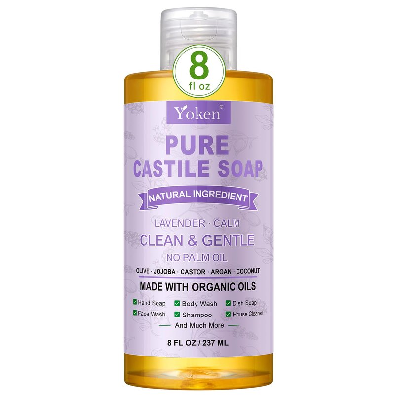 Yoken Pure Castile Soap Liquid Lavender 8 OZ, Made with Certified Organic Oils, Gentle Lavender Soap for Hands & Body Wash, Face, Dishes, Laundry & More - Vegan & Natural Ingredients Cleanser