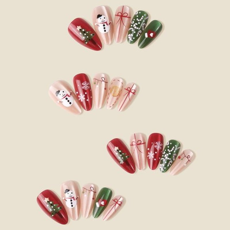 Christmas Press on Nails - Medium Almond Red French Tip Fake Nails with Snowflakes Christmas Tree Design Glitter Glue on Nail Xmas Full Cover Cat Eye False Nails Artificial Acrylic Nails 12 Size 24Pcs