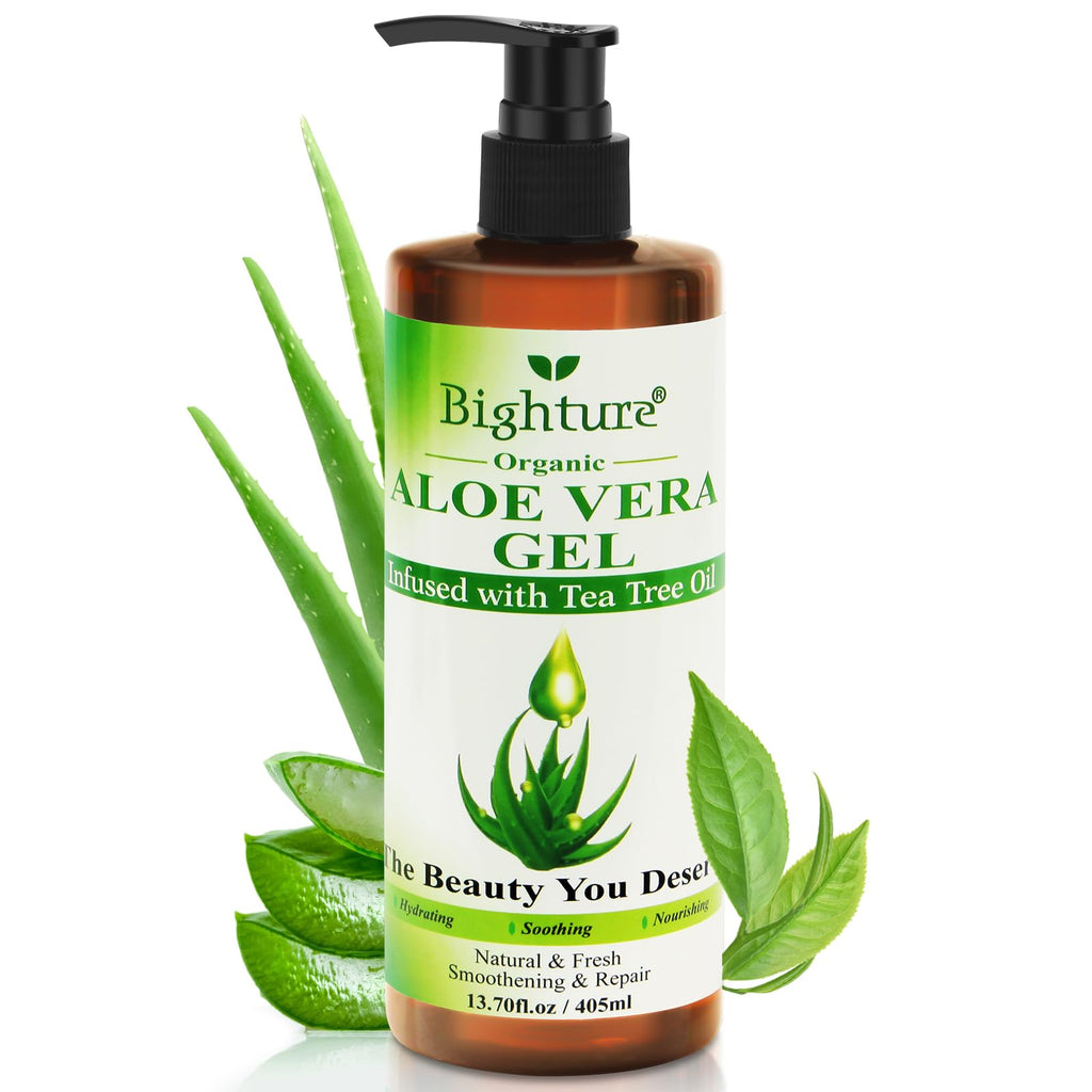 BIGHTURE Aloe Vera Gel with Tea Tree Oil for Face, Skin, Hair, Sunburn relief, Aloe Vera Gel from Freshly cut 100% Pure Aloe,13.7oz