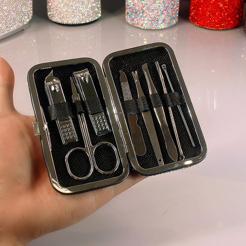 BestBling Bling Rhinestone Manicure Set Nail Clippers Pedicure Kit-8 Pieces,Stainless Steel Manicure Kit Pedicure Set Grooming Kits Nail Care Tools with Travel Case for Women Girls (Silver)
