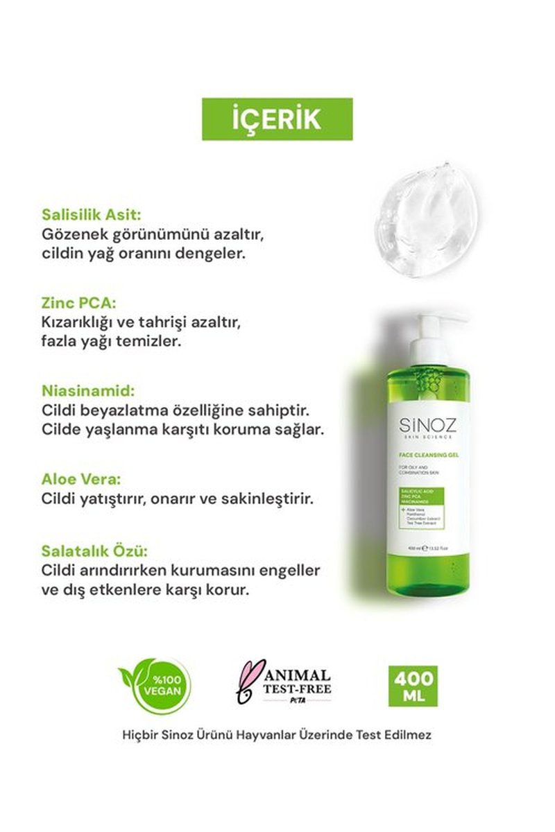 Sinoz Perfect Sebum Balancing Facial Cleansing Gel | With Salicylic Acid & Niacinamide | For Oily & Combination Skin | Deep Pore Cleanser & Oil Control | 400 ml