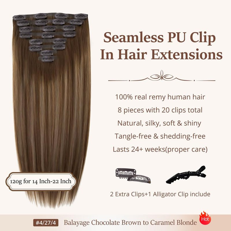 uMuse Seamless Clip In Hair Extensions Real Remy Human Hair, 18 Inch 120g 8pcs, Invisible PU Skin Weft, Balayage Chocolate Brown to Caramel Blonde, Straight Hair for Add Volume&Natural Blend