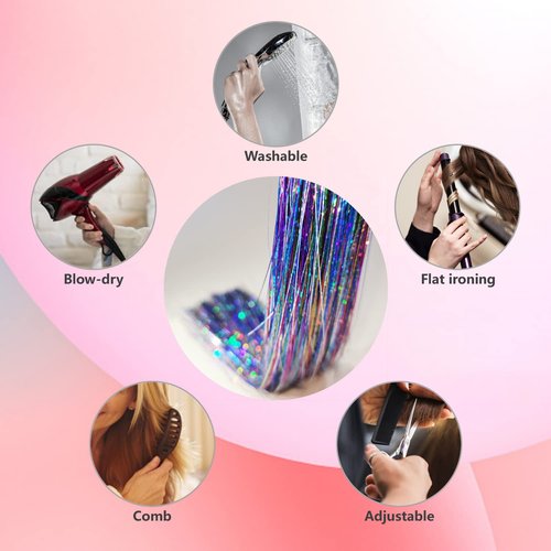 Hair Tinsel Kit with Tools and Instruction Easy to Use 12 Colors 2400 Strands 48 Inches Tinsel Hair Extensions for Women and Girls, Glitter Sparkling Shinny Fairy Hair Accessories for Party