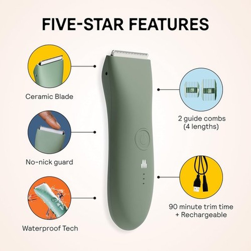 MERIDIAN Body Hair Trimmer - Waterproof Electric Shaver for Men | Rechargeable for Pubic, Chest, Legs & Bikini - Sage