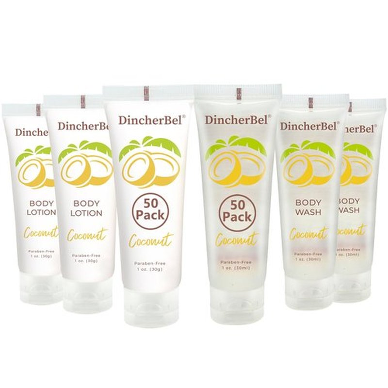 DincherBel Travel Size Body Wash and Body Lotion - Bulk Hotel Toiletries Supplies for Guests - Refreshing Tropical Coconut Scent Shower Gel and Body Cream for Men & Women (1 Fl Oz, 100 Pack)