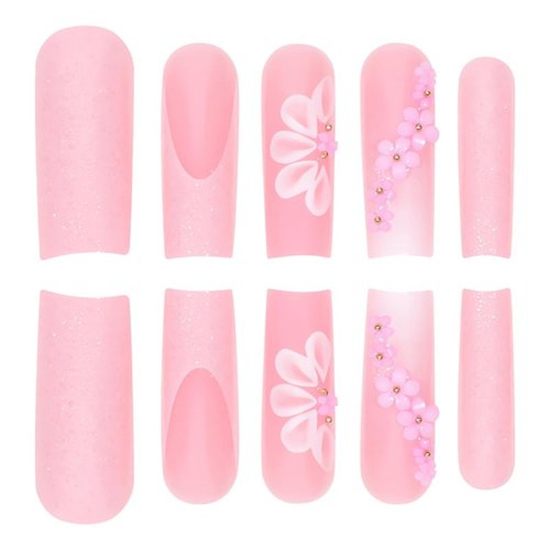 LPOODDNU French Square Fake Nails, Pink Press-on Nails, Crystal Flowers, White Flowers, Acrylic, Extra Long, Full Cover, 24PCS