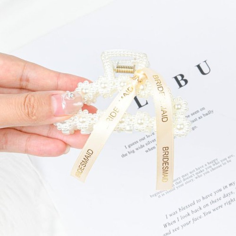 DEEKA Bridesmaid Proposal Gifts 8 Pack Pearl Bridesmaid Hair Claw Clips with Ribbon 3 Inch Hair Clips Bachelorette Party Favors Bridal Party Present Hair Accessories (Half Circle White&Champagne)