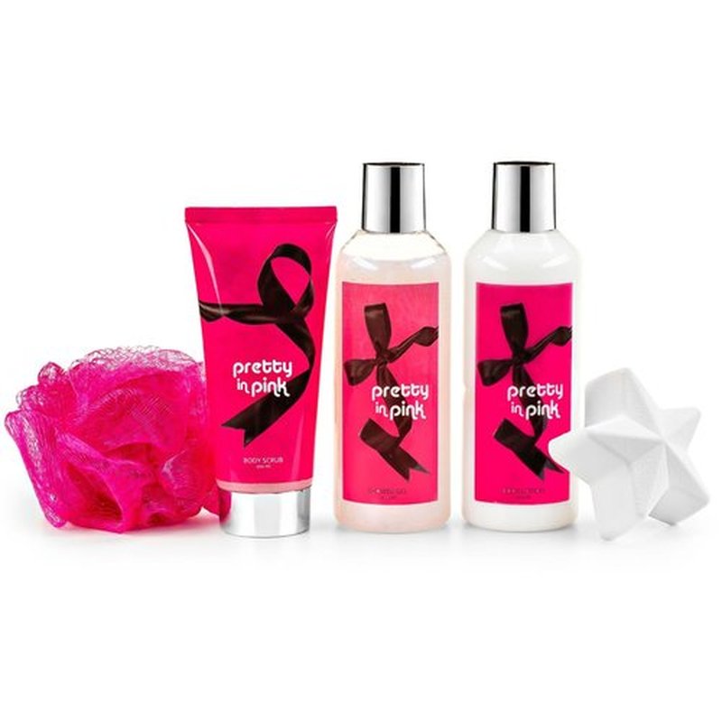 Fragrance Bath & Body Collection Gift Box, Includes Shower Gel, Body Lotion, Body Scrub, Bath Bomb & Sponge (Pretty in Pink) – Mother's Day Gift for Mom