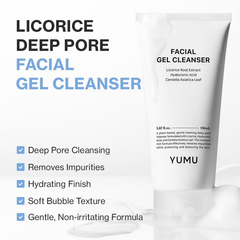YUMU Licorice Deep Pore Facial Cleanser, for Double Cleansing, Centella Asiatica + Ceramide NP + Glycerin, Hydrating Gel Cleanser, Blackhead Remover, Korean Skincare (150ml/5.07 fl.oz.)