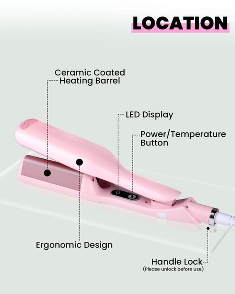 1 1/4 Inch Hair Waver Crimper,Cimper Tool Hair Crimper Waver,Deep Wave Iron with 2 Ceramic Barrel,Pink
