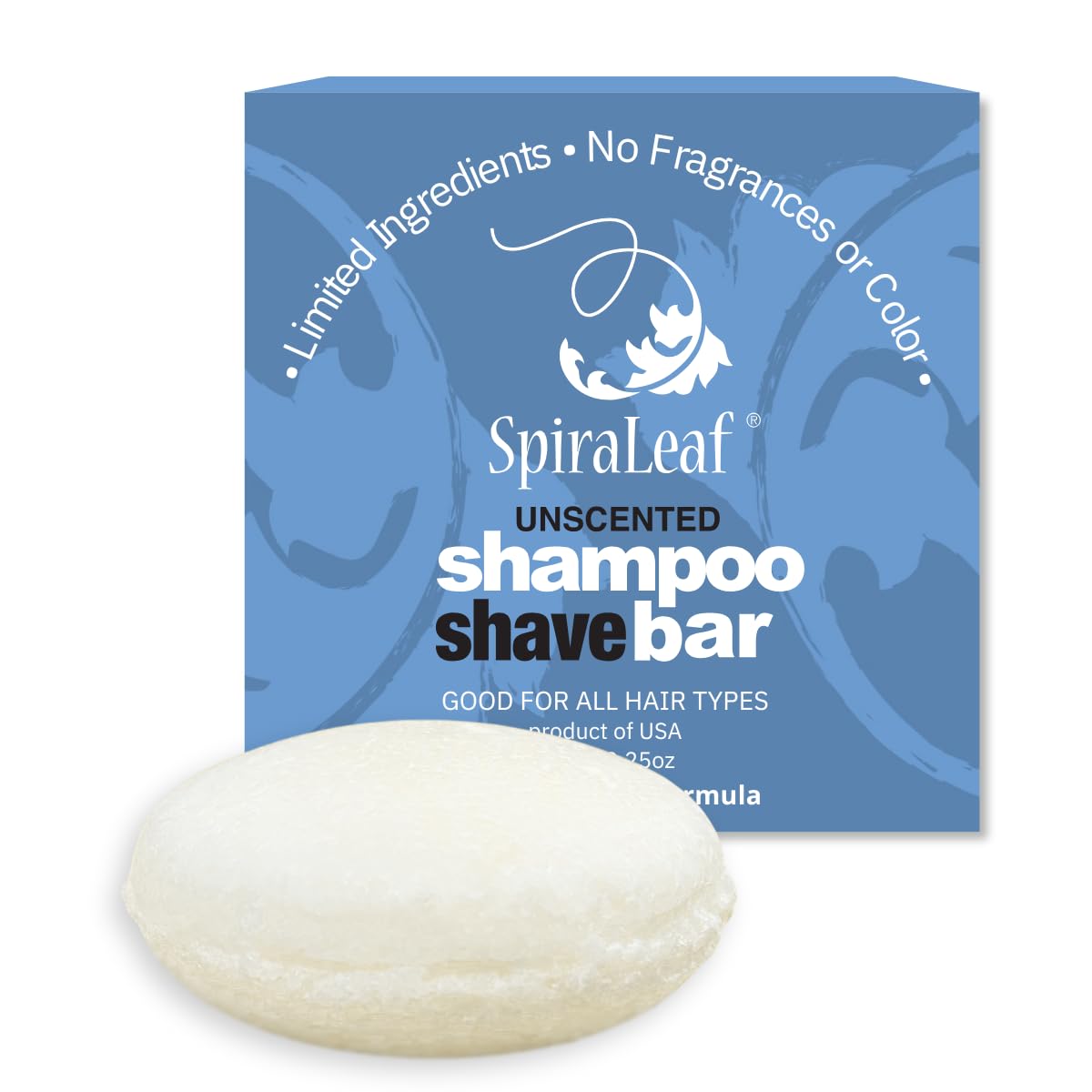 Spiraleaf Shampoo & Shave Bar – Plant-Based Shampoo & Shave Bar for All Hair Types, Concentrated Formula with Essential Oils, Limited Ingredients,USA Made, 2.25oz -Unscented