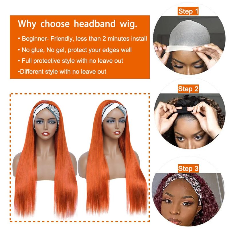 YiweYowe 26 Inch #350 Orange Headband Wig Human Hair 150% Density Grade 8A Unprocessed Brazilian Virgin Hairs Machine Made Orange Straight Headband Wig Human Hair None Lace Front Wig