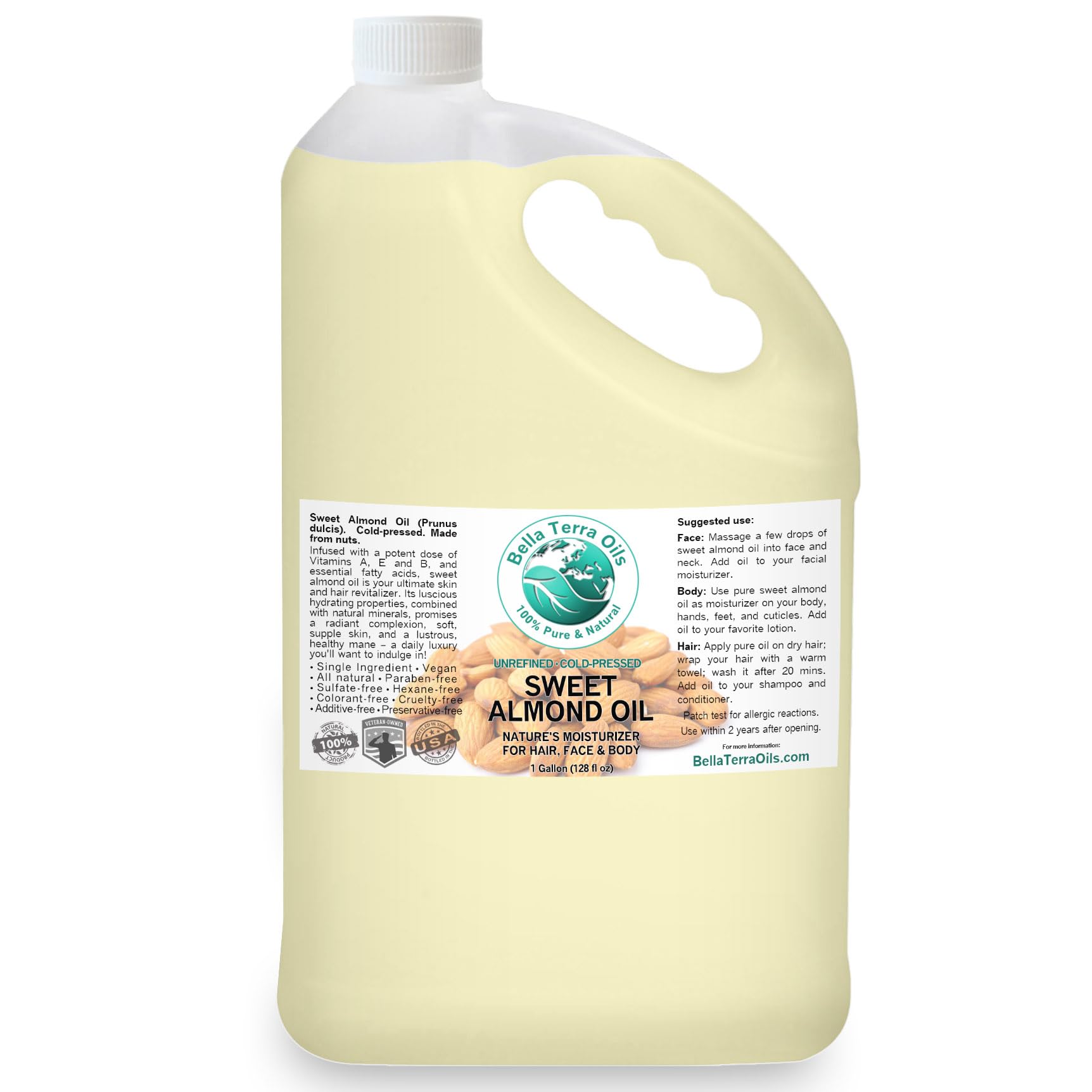 Natural Sweet Almond Oil – 1 Gallon, Deep Hydration, Nourishing, Light & Absorbent, Rich in Vitamins, Non-Greasy. Bella Terra Oils
