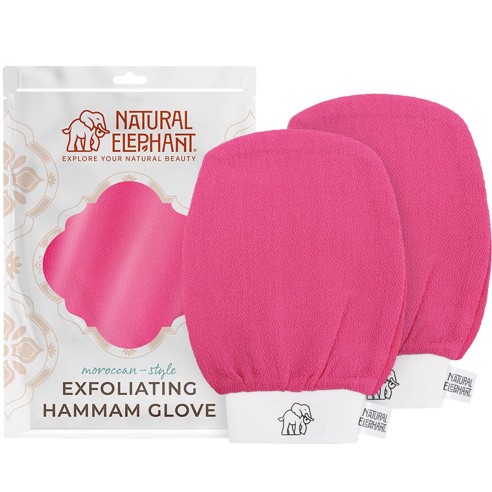 Natural Elephant Exfoliating Hammam Glove | Authentic Moroccan Kessa Body Scrub Mitt for Spa-Quality Skin Renewal | Pink Tulip 2 Pack