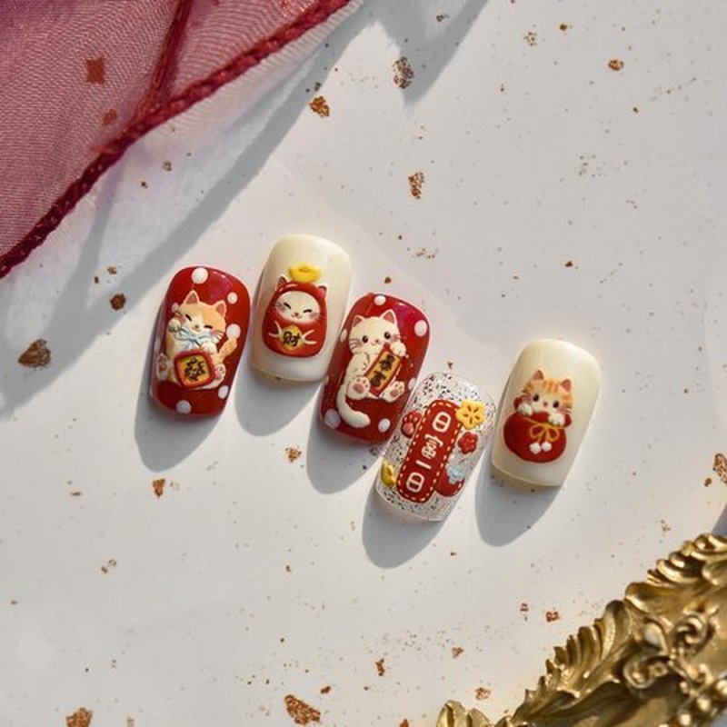 5D Embossed Lucky Cat Nail Sticker Nail Art Decals for Spring Festival Chinese New Year Lion Characters Manicure Nail Supplies (Lucky)
