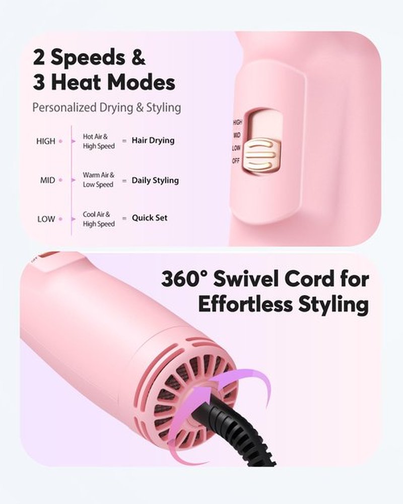 Dual Voltage Travel Blow Dryer Brush, Mini Hair Dryer Brush with Auto 100–240V, EU/UK Plug Ready, 4-in-1 Compact Hot Air Brush Lightweight, Ionic for Smooth & Voluminous Hair Anywhere