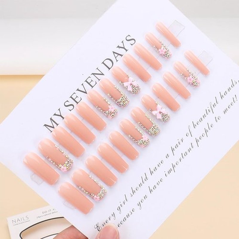 Long Press Long Nails Coffin French Tips with Design 3D Bow Flower Rhinestone Bling Artificial Glue On Nails - Full Cover Glossy Acrylic - 24 Pcs