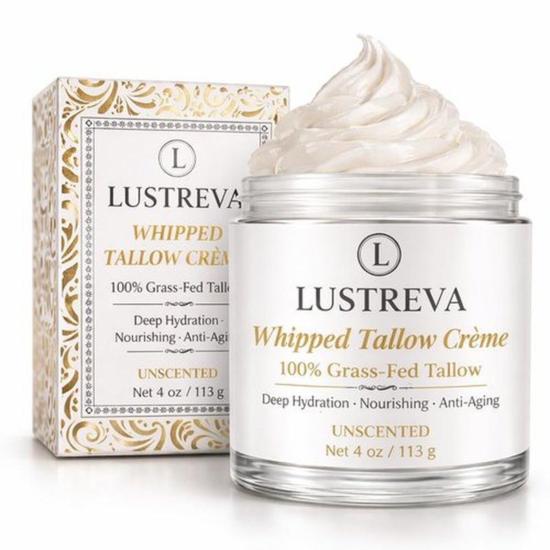 Lustreva Beef Tallow for Skin – 100% Grass-Fed Whipped Tallow Cream Moisturizer for Face & Body – Deep Hydration for Dry, Sensitive & Eczema-Prone Skin – Unscented Natural Tallow Balm – 4 oz