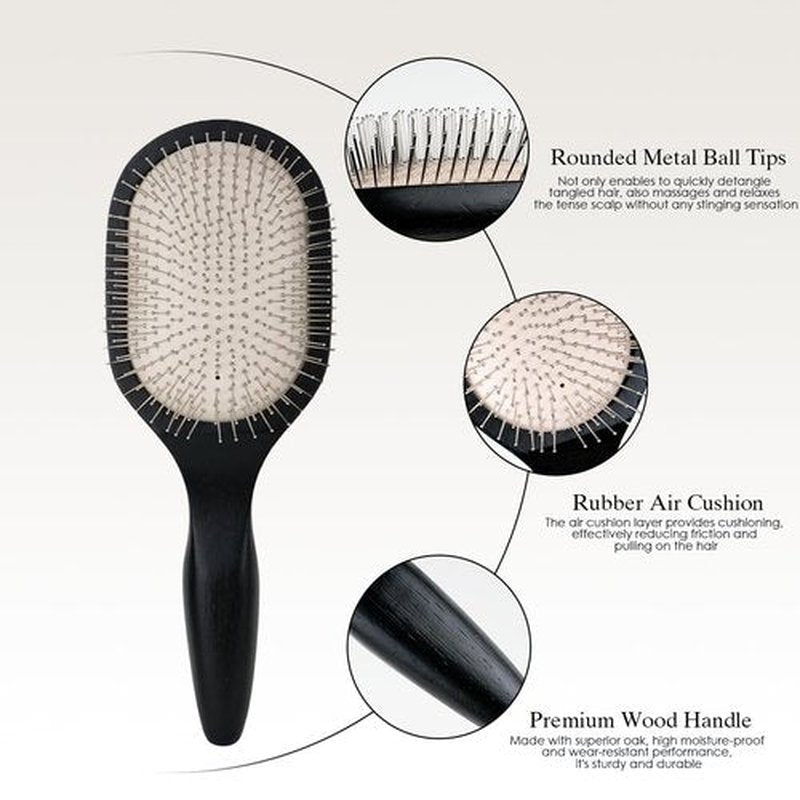 Oak Wooden Hair Brush - Anti-Static Detangler with Metal Bristles for All Hair Types | Black