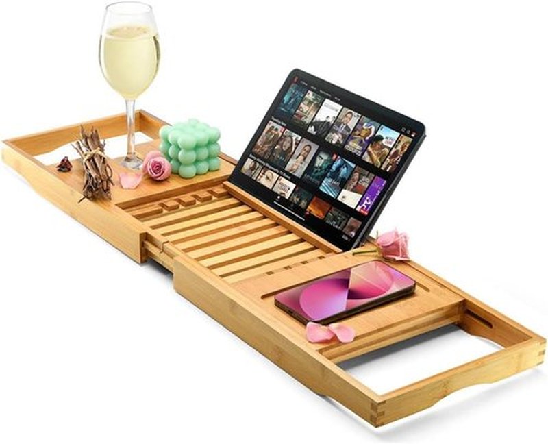 Luxury Foldable Bathtub Tray Caddy - Waterproof Wooden Organizer for Wine, Books & Phones | Expandable Fit