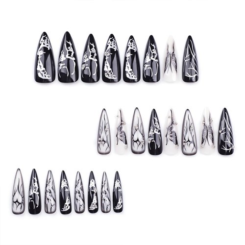 Tyuimhx Black Press on Nails Long Almond Fake Nails With Butterfly Heart Designs Pearls False Nails Full Cover Stick on Nails Acrylic Artificial Nails for Women Glue on Nails 24Pcs
