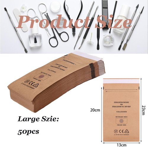 Self-Sealing High Temperature Sterilization Dry Heat Kraft Paper Sterilization Pouches Beauty Nail Salon Barbershop Tools Self-Sealing Sterilization Bags (50pcs Large)