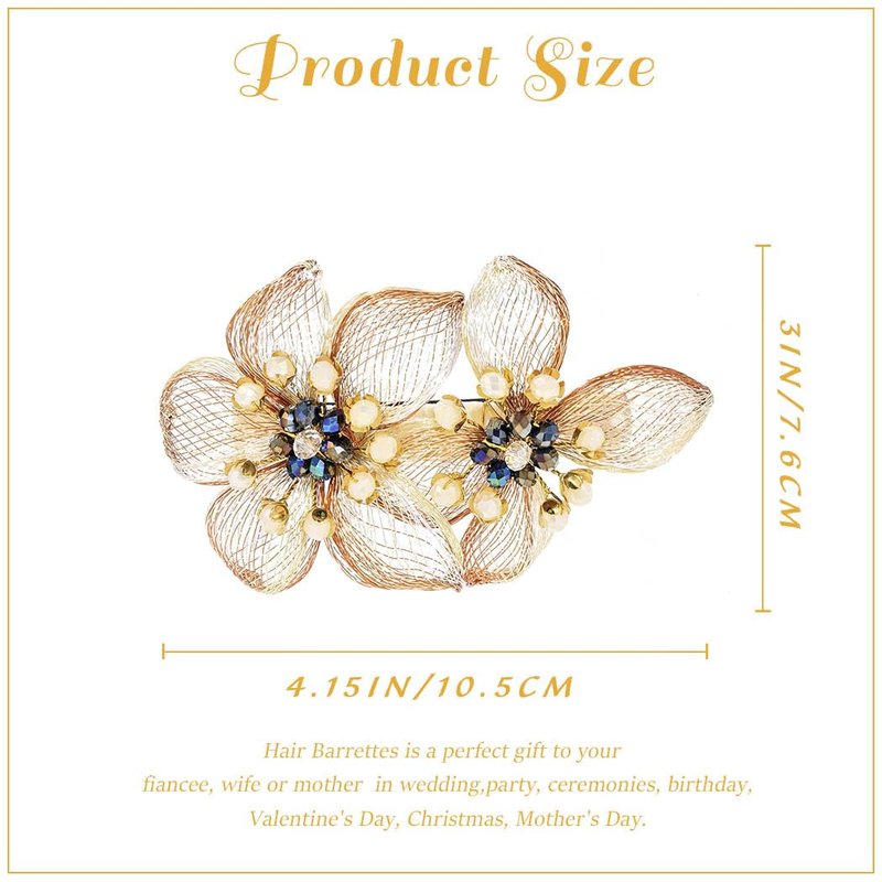 Yokawe Crystal Flower Hair Clip, Gold Mesh Design with Pearl Beads, Wedding Hair Accessory, Double Floral Barrette