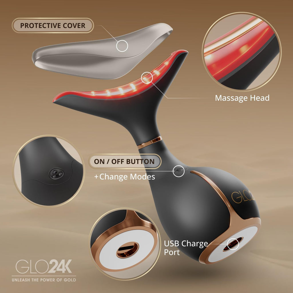 GLO24K Red Light Facial Massager with 24K Gold Retinol Face Cream - Face & Neck LED Beauty Wand, 3-in-1 Vibration Beauty Tool & Collagen Hyaluronic Acid Moisturizer for Smoother-Looking Skin